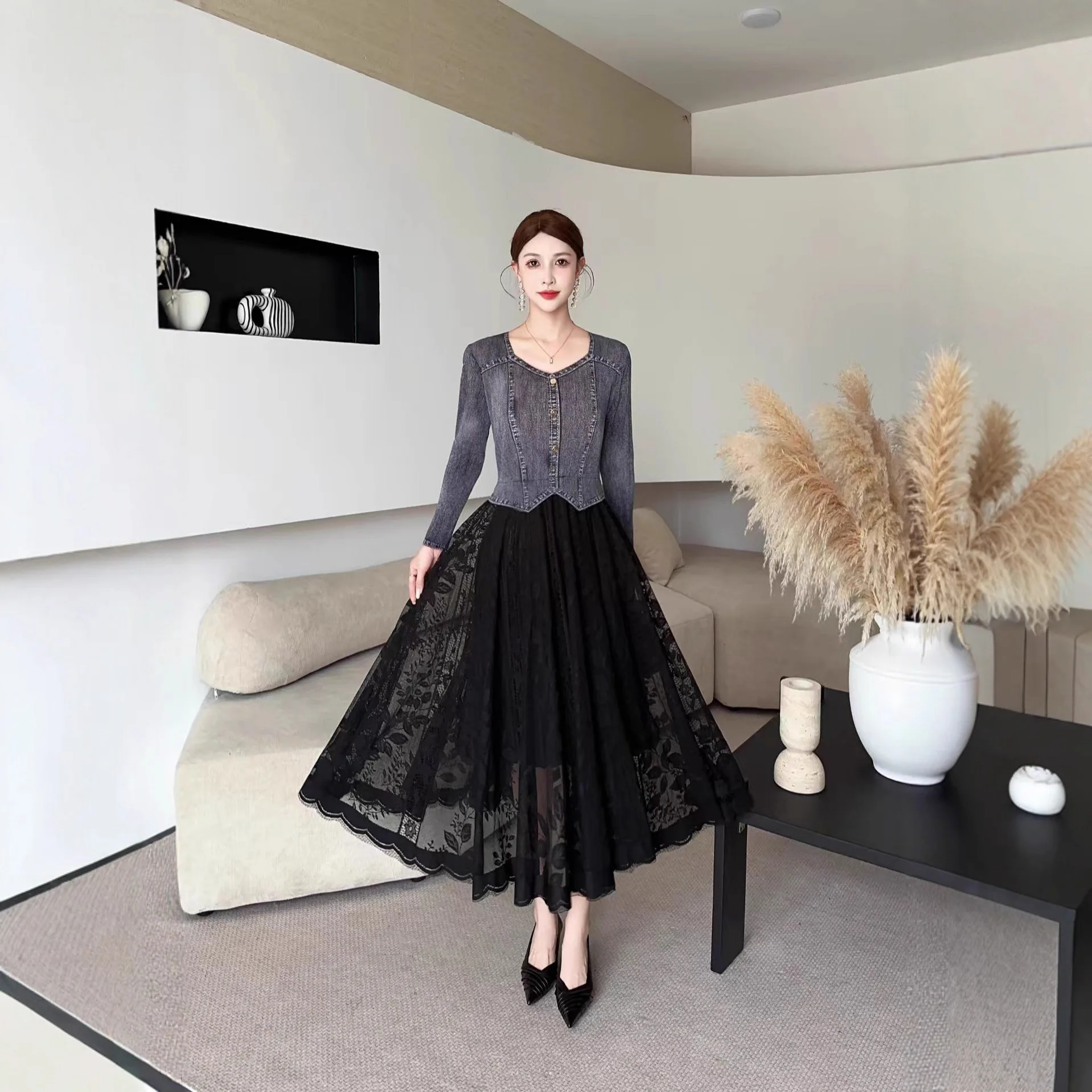 

Miyake Elegant Plus Size Pleated Dress Women's Design Female Square Collar Long Sleeve Long Sling Large Dress