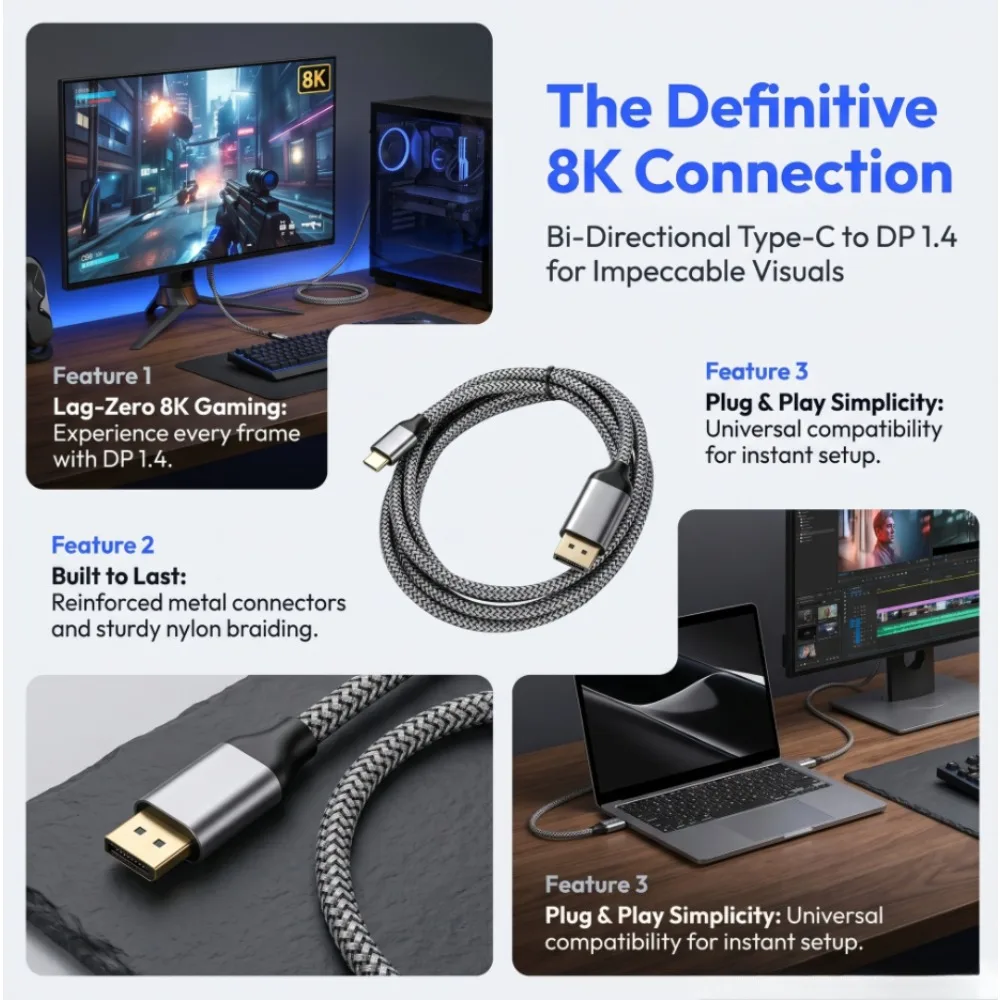 Bidirectional USB C To DisplayPort 1.4 Cable 8K@60Hz 1.8m Type-C To DP Adapter Converter for IPhone 15 Macbook Pro IPad Mac