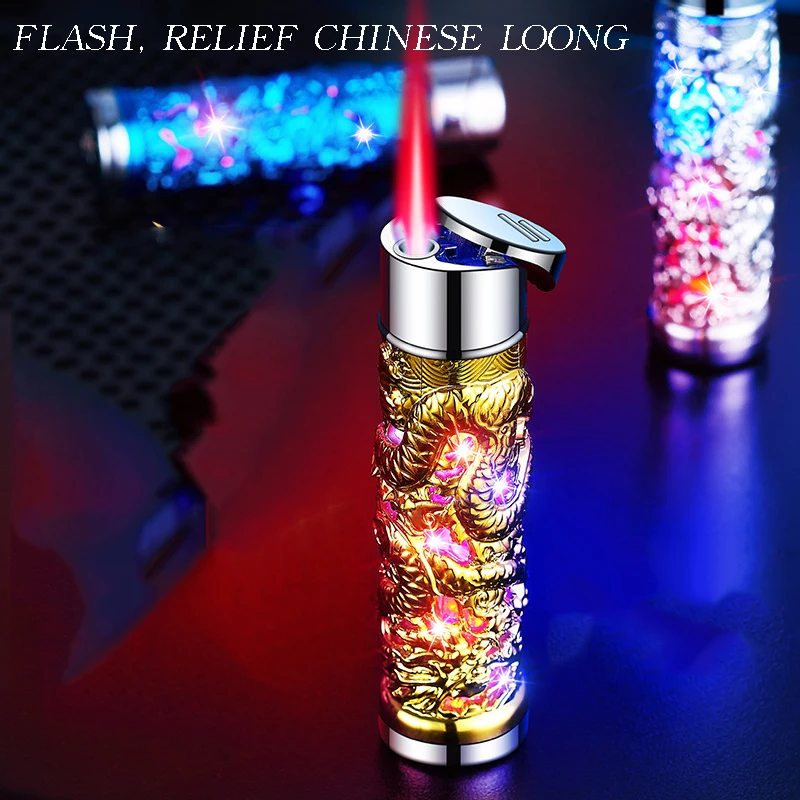 Cross border Panlong Colorful Flash Inflatable Windproof Lighter Personalized Relief Red Flame Direct Charge Men\'s Gift Lighter