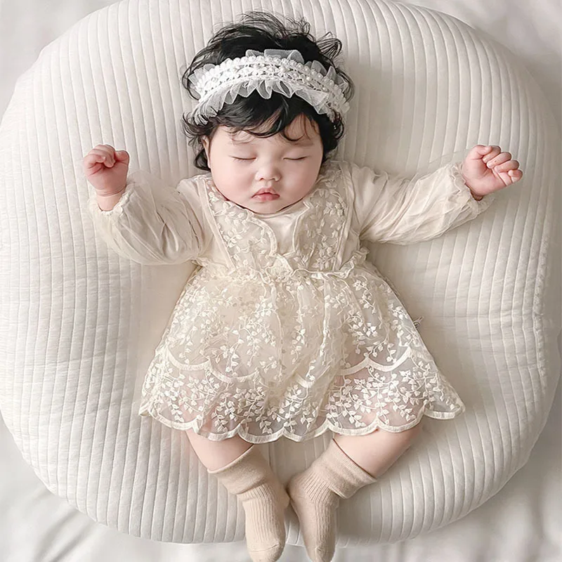 0-2Years Princess Newborn Baby Girl Dress Romper Long Sleeve Lace Embroidery Skirted Jumpsuit One-Pieces Birthday Party Clothes