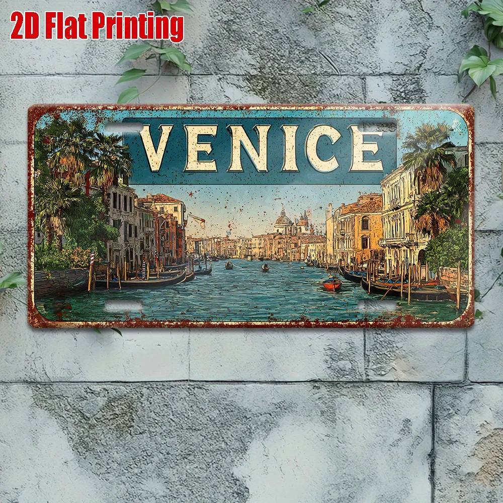 2D Flat,, 2D Flat PrinAluminumg, 1pc, Vintage Metal Sign, Outdoor Wall Art (11.8inch * 5.9inch), Venice Grand Canal View Aluminu
