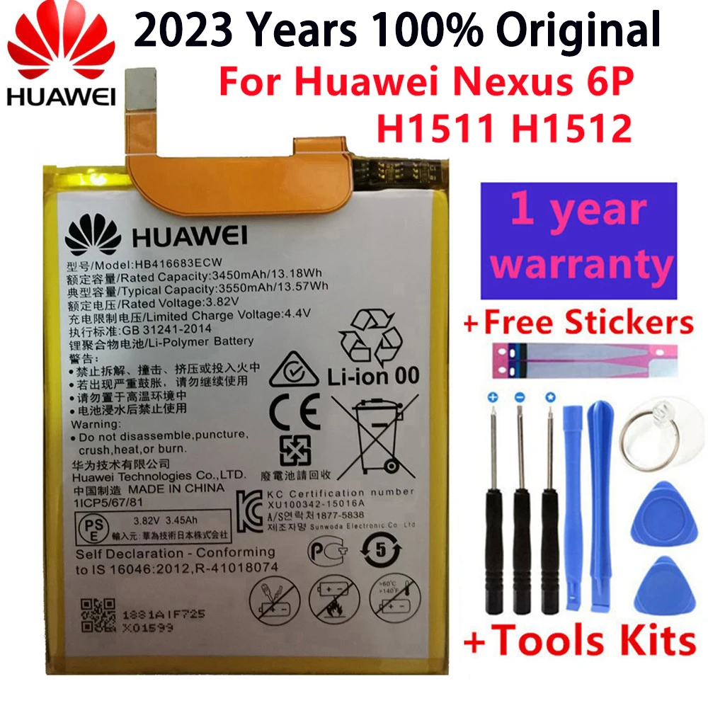 2023 Hua Wei Original Phone Battery HB416683ECW for Huawei Nexus 6P H1511 H1512 3450mAh Original Replacement Battery Free Tools