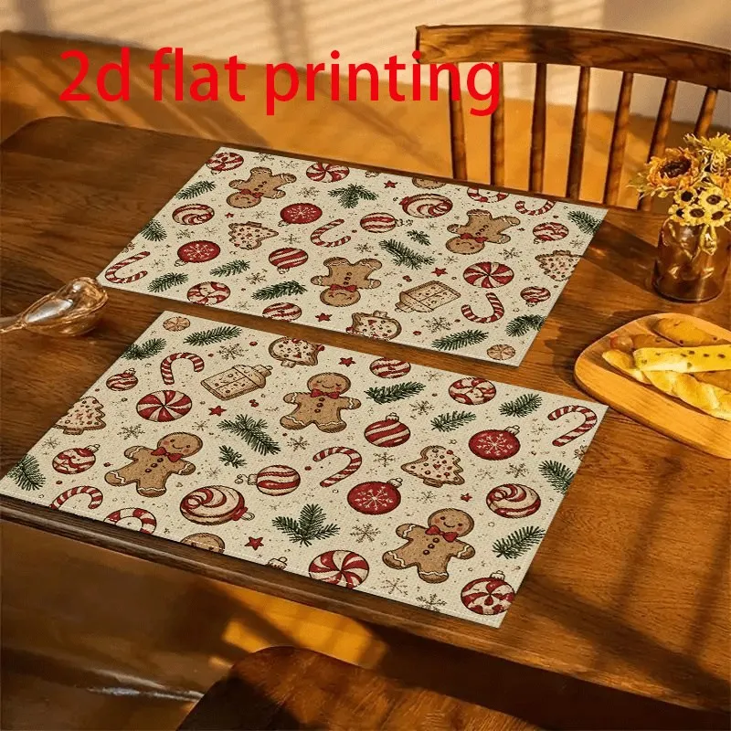 VIKAMA Christmas Linen Placemat, Gingerbread Candy Cane Peppermint Ornaments, Absorbent Easy Clean, Kitchen Breakfast