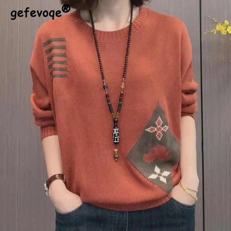 Women Clothing 2024 New Spring Autumn Vintage Casual Loose Knitted Sweater Female Simple O Neck Long Sleeve Pullover Tops Jumper