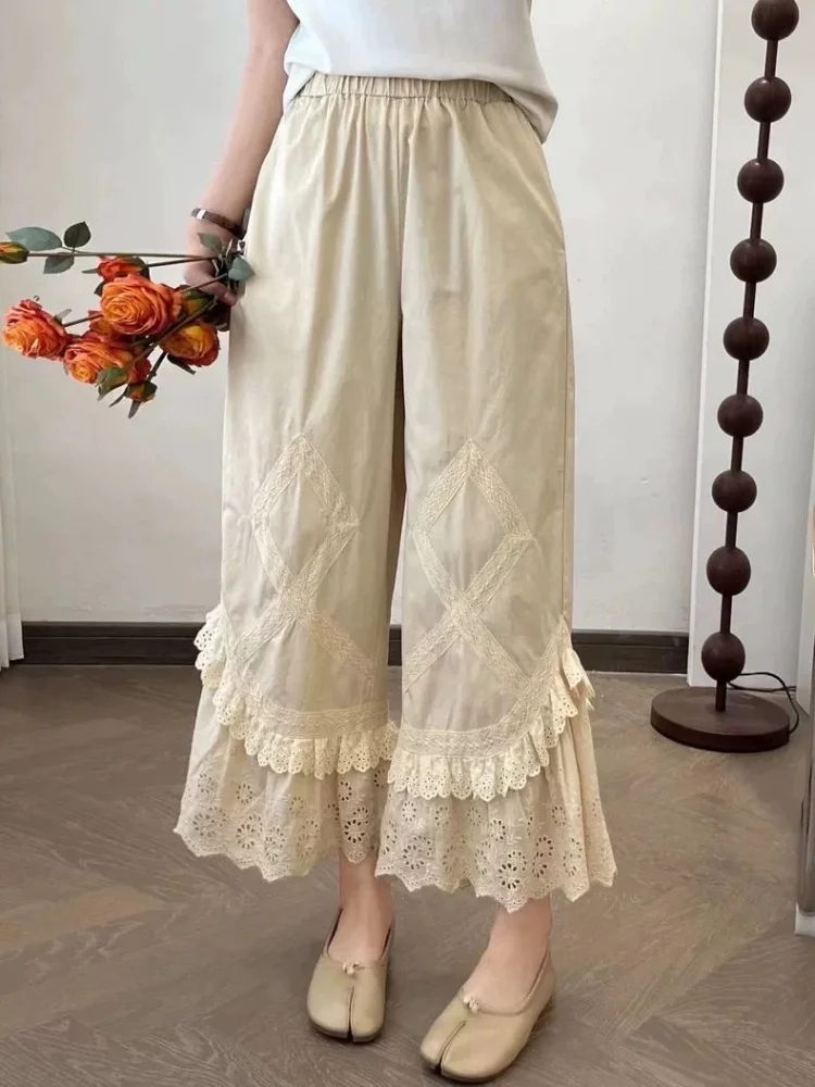 Sweet Fairy Mori Girl Cotton Pants Women Clothing Elastic Waist Embroidery Ankle Length Lace Female Kawaii Wide Leg Pants