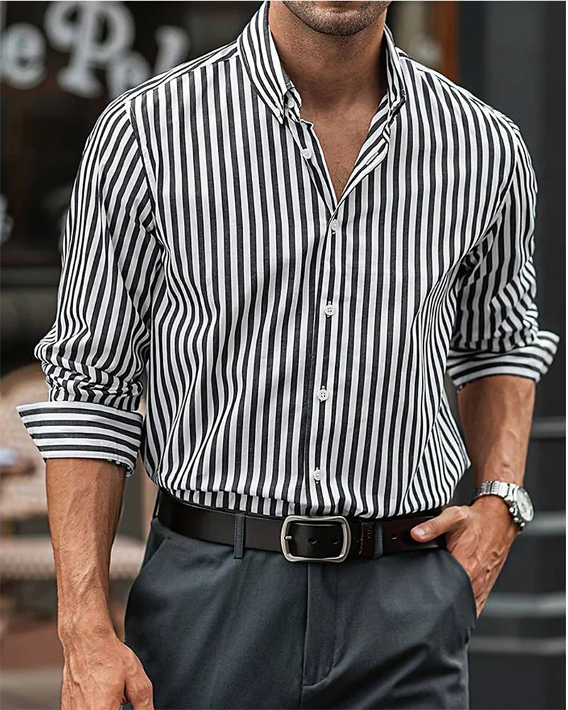 New Style Mens Shirt Button Up Shirt Summer Shirt Blue Long Sleeve Striped Lapel Resort Shirt Fashionable Casual Top Comfortable