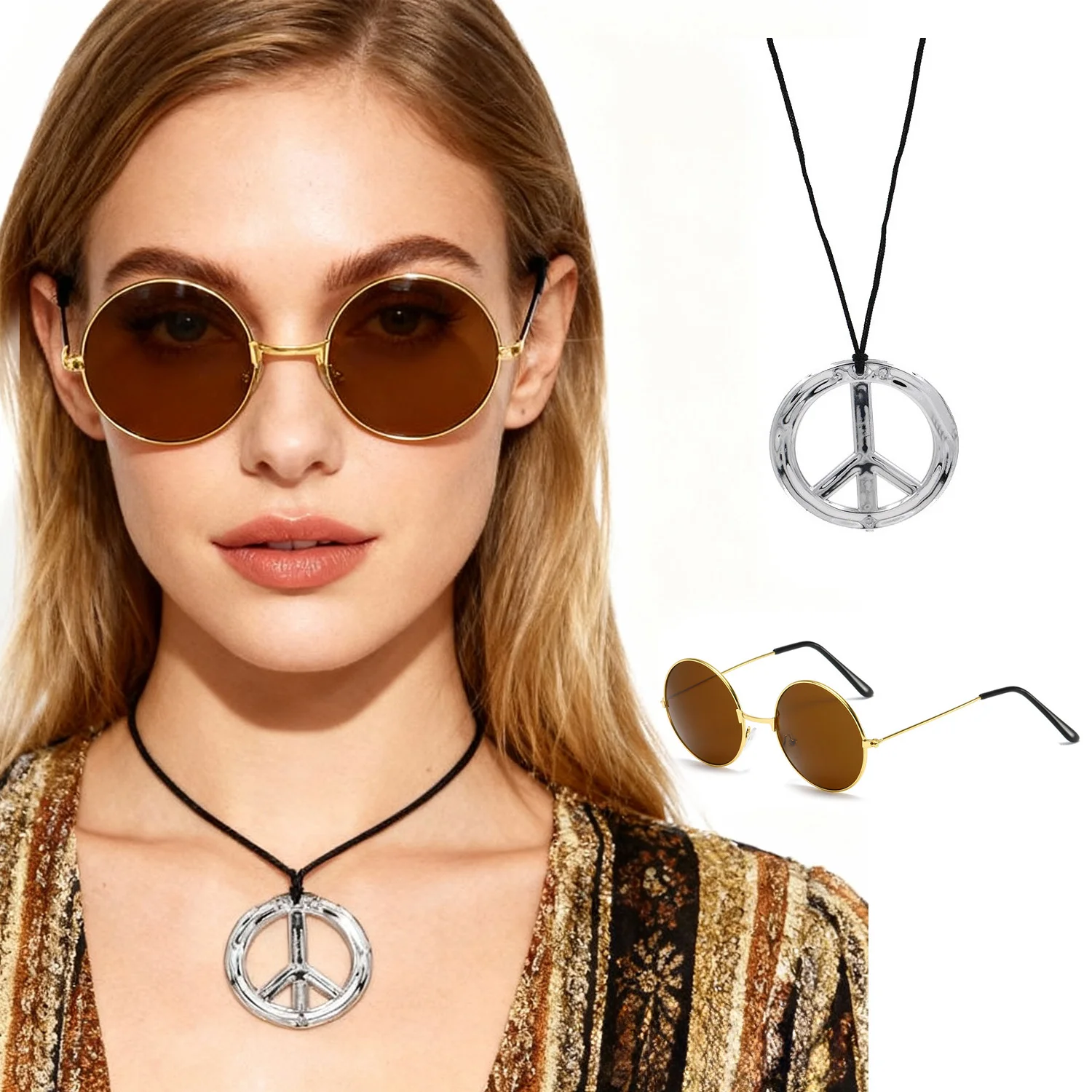 

Женская одежда и аксессуары PESENAR: костюм в стиле хиппи 60-х годов, очки и ожерелье с символом мира, комплект из 2 предметов.