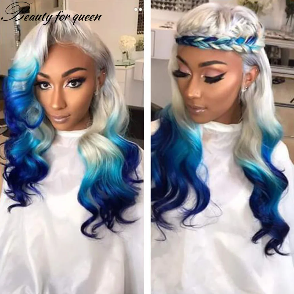 Perruques Lace Frontal wig 150% brésiliennes naturelles, cheveux de bébé, bleu ombré, Transparent, pour femmes