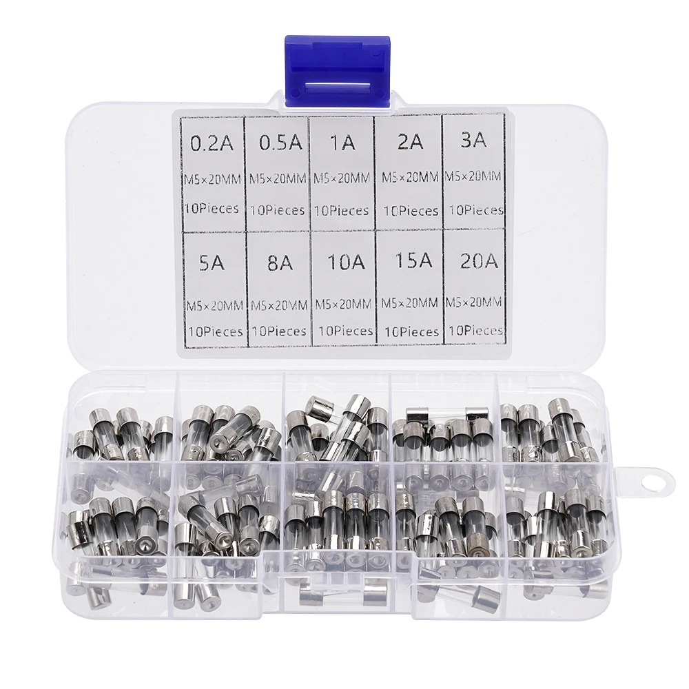 100pcs 5x20mm Glass Fuse Kit 0.2A-20A Fast Acting for Circuit Board Car Audio Home Appliance Repair protection component