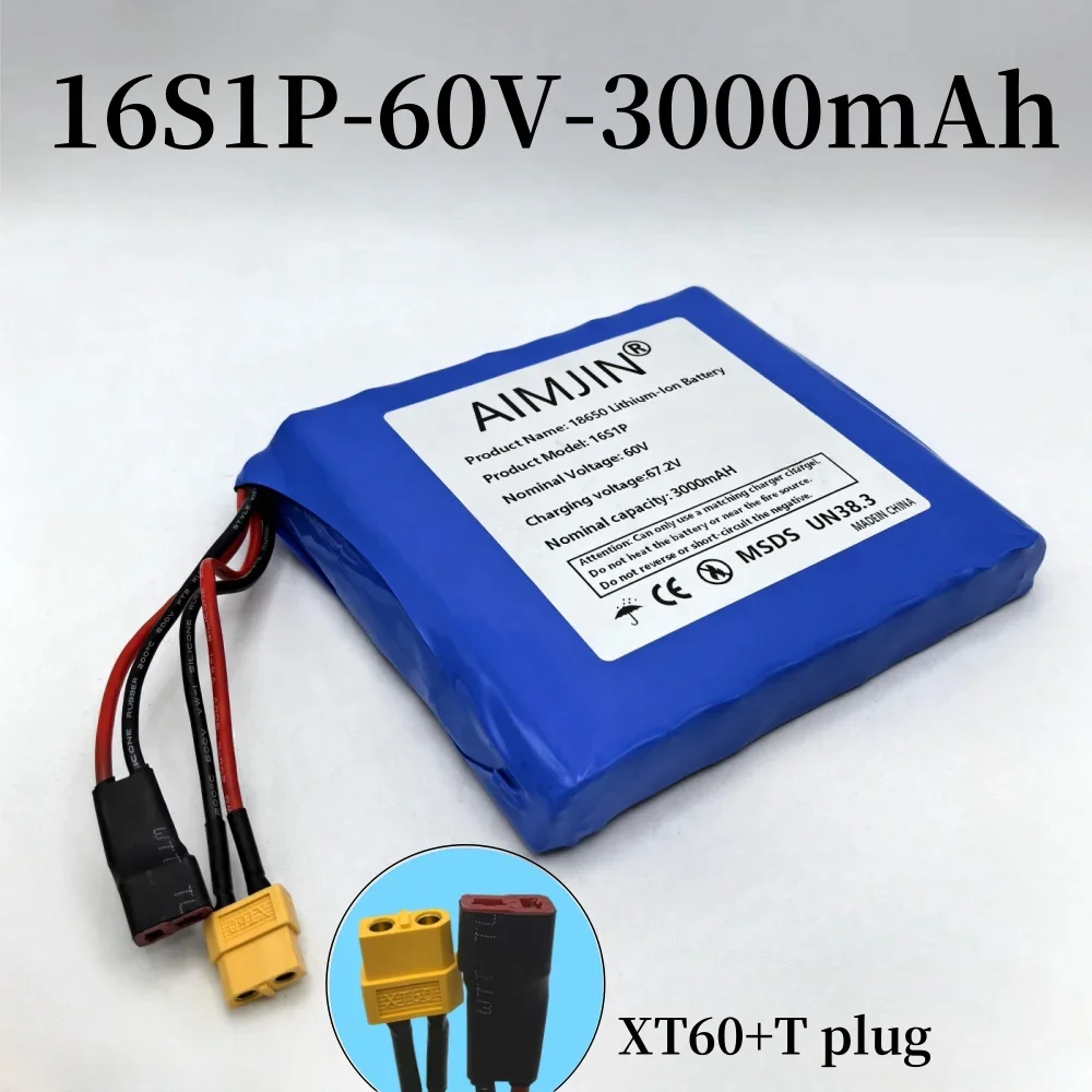 18650 16S1P 60V 3.0Ah Lithium Battery Pack with BMS for Self-Balancing Scooter Electric Unicycle 3000mAh Rechargeable