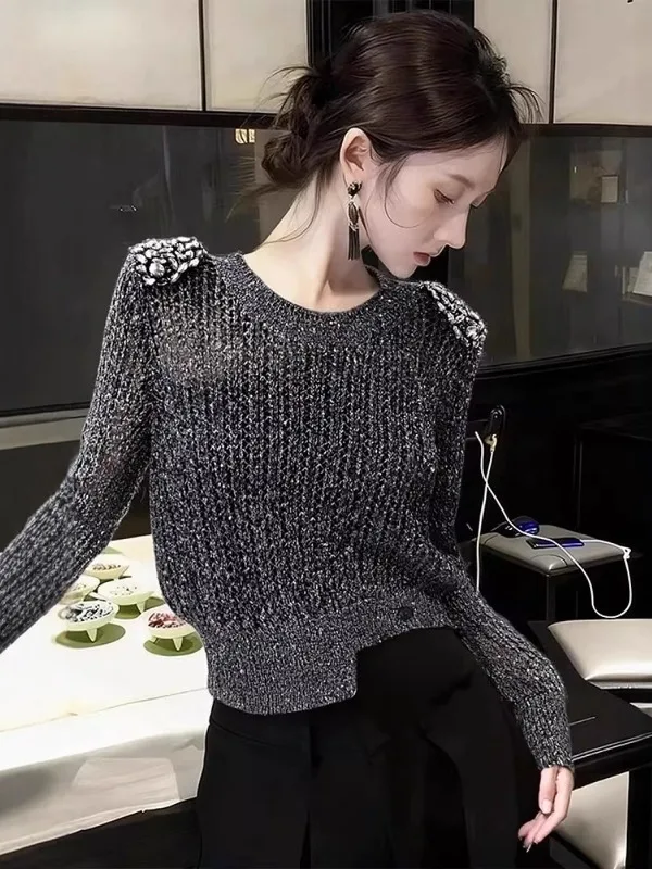 

Серый плотный вязаный свитер с длинными рукавами и декоративными элементами, приталенный крой, асимметричный дизайн, корейский стиль, для повседневной носки