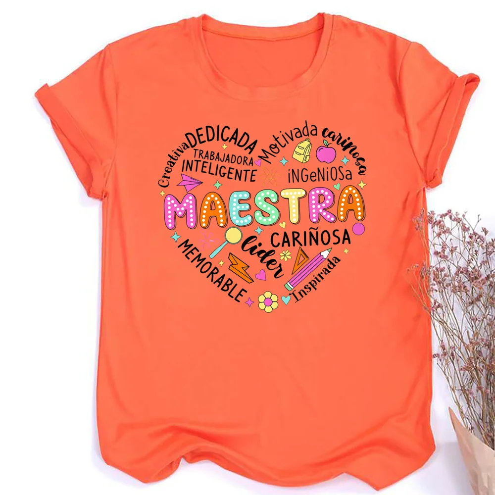 Spanish Maestra Print Girl T-shirt Casual Short Sleeve Round Neck Fashion Tee Shirt Teacher Comfy Tee Top Teacher Summer Clothes