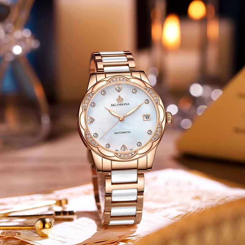 Montre mécanique de luxe pour femmes, diamant, acier inoxydable, bracelet en céramique, étanche, Date, automatique