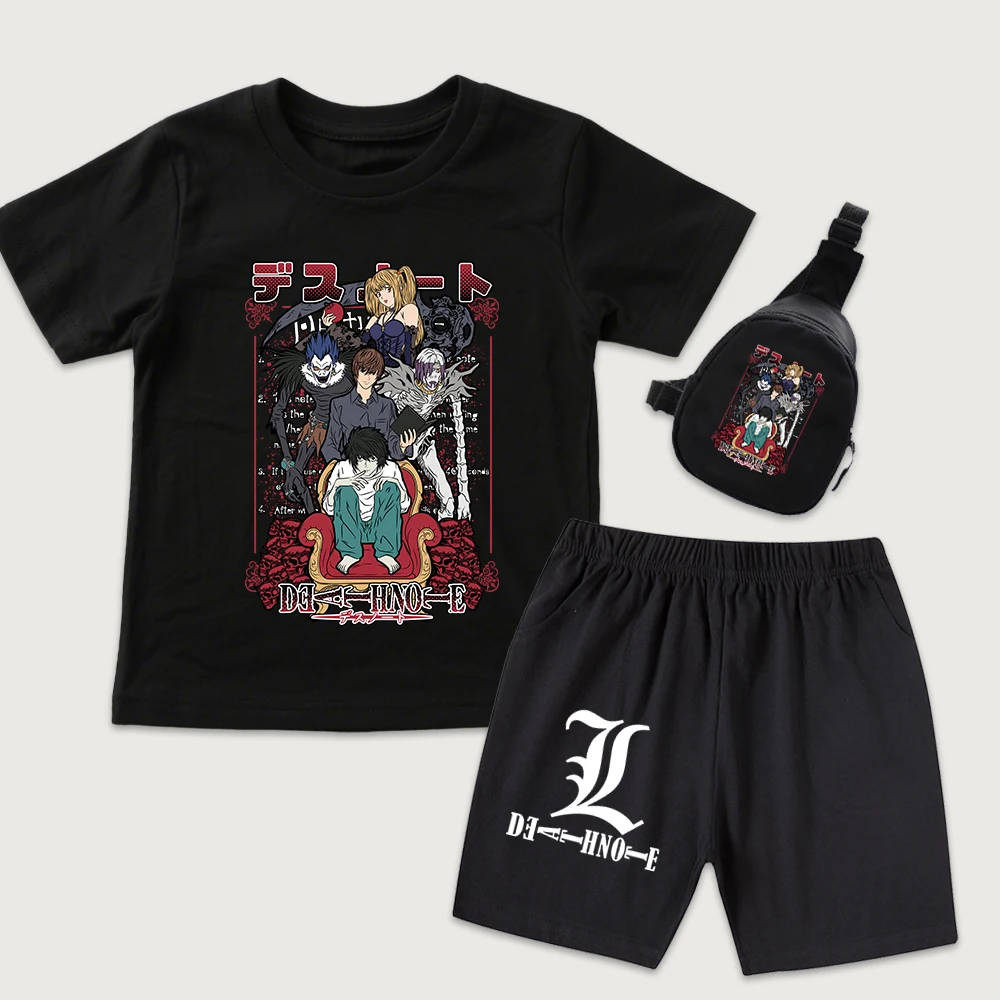 Death Note Anime Print Kids T-Shirt And Shorts Set With Mini Chest Bag 3 Piece Outfit For Boys Girls And Teens