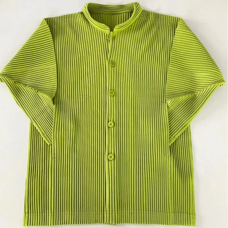 

Miyake Japanese Men's Pleated Long Sleeve Jacket 2025 Simple Standing Collar Tops Cardigan Business Work Wrinkle-Free Clothes