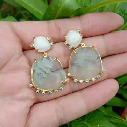 YYGEM  20x22mm Natural Green Amethyst Prasiolite White Jade Dangle Stud Earrings Gemstone Fashion Jewelry