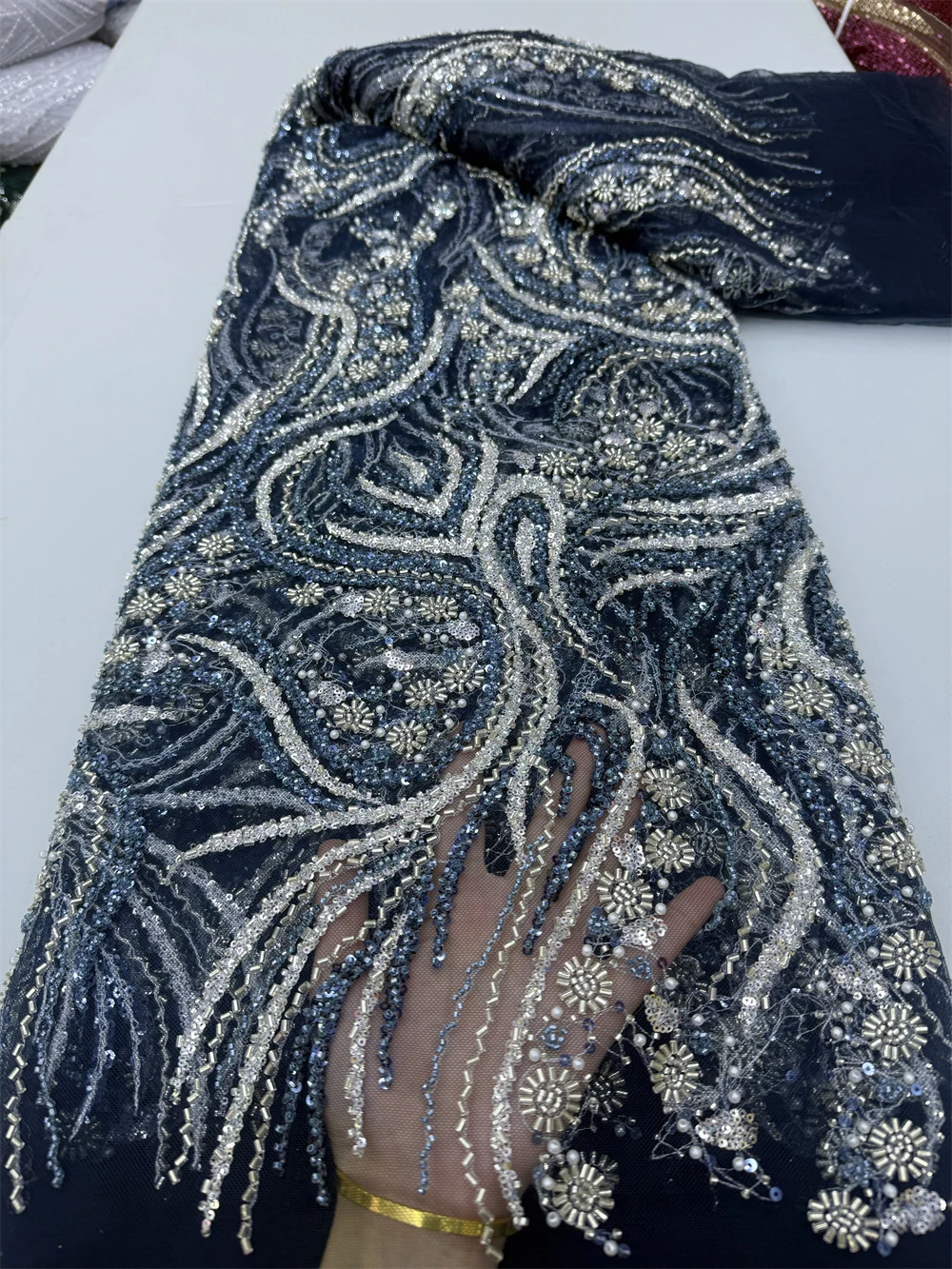 High Quality 2024 African Nigeria Sequins Tulle Lace Fabric Embroidery Wedding Party Guipure Dress Beads Stone 5Yards jy382