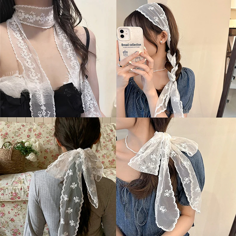 

Sweet Versatile Narrow Long Scarf Solid Color Headbands For Women Girls Fashion Floral Lace Scarf Long Ribbon Scarf Gifts