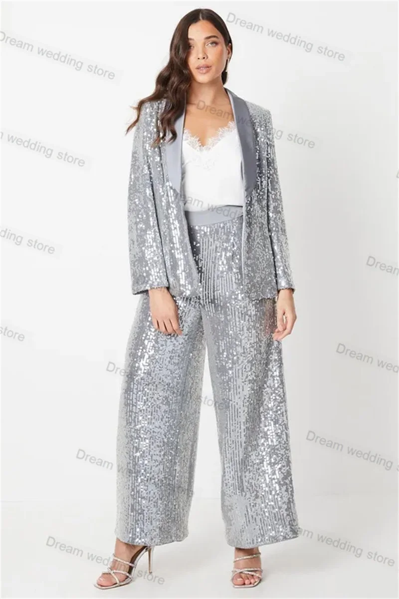 

Shiny Sliver Sequins Women Suits 2 Piece Blazer+Pants Formal Satin Lapel Wedding Tuxedo Custom Made Prom Jacket Office Lady Coat