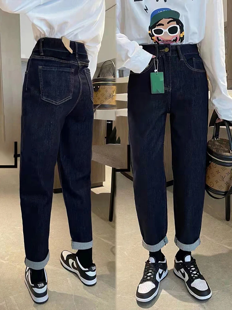 

plus Size Slimming Deep Blue Harlan Denim Pants Women's Spring Autumn New Style Fat Sister High Waist Dad Cucumber Jeans