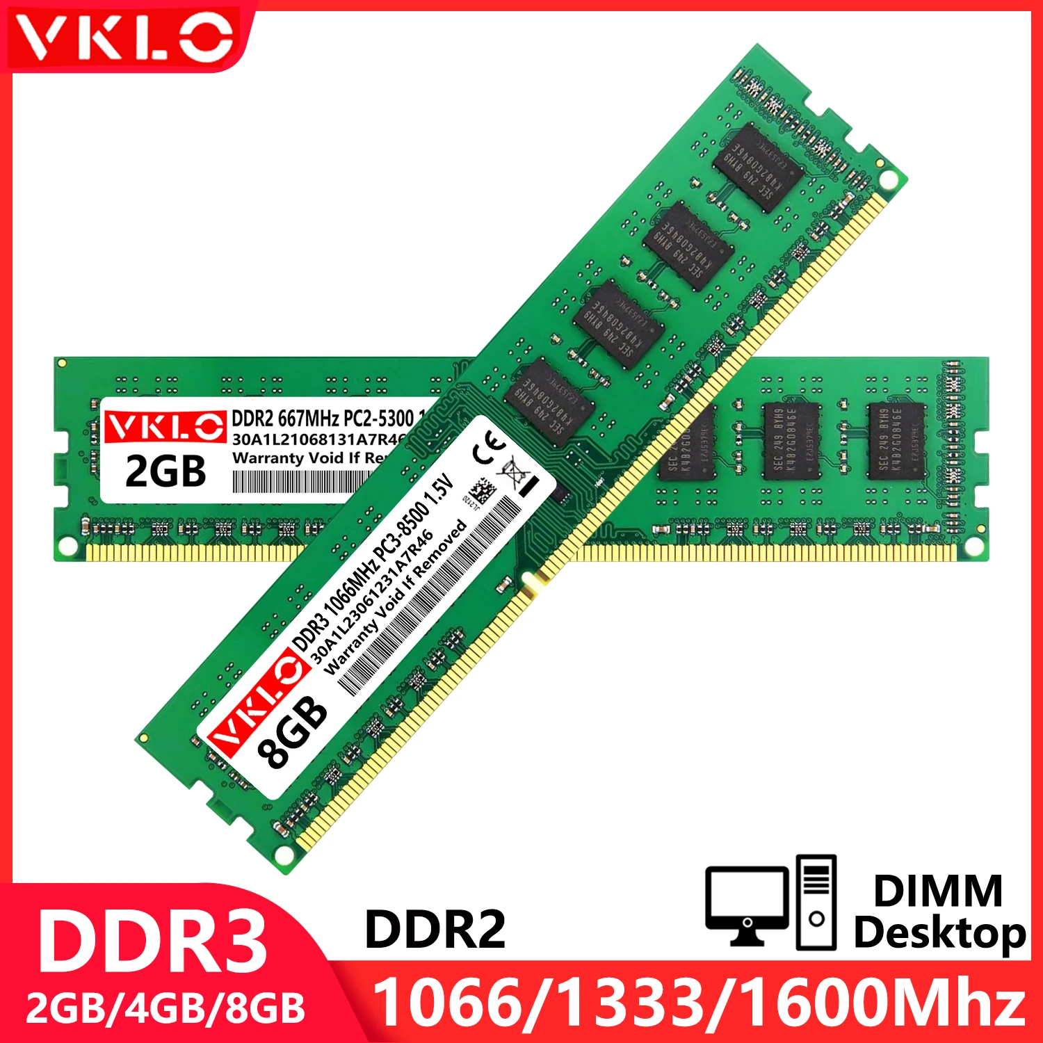 

VKLO DDR2 DDR3 2GB 4GB 8GB DIMM Memories Ram PC2 1.8V 667 800Mhz PC3 1.5V 8500 10600 12800 240Pin Desktop Non-ECC Memory Ram