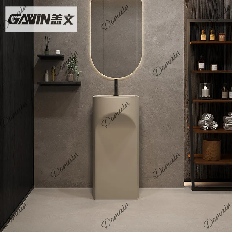 Gavin Milk Coffee Artificial Stone Column Basin One-Piece Floor-Mounted Washbasin for Hotel Balcony