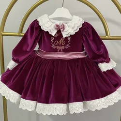 Girl Autumn Purple Velvet Wreath Letter Embroidery Long Sleeves Vintage Turkish Princess Ball Gown Dress for Eid Birthday C103