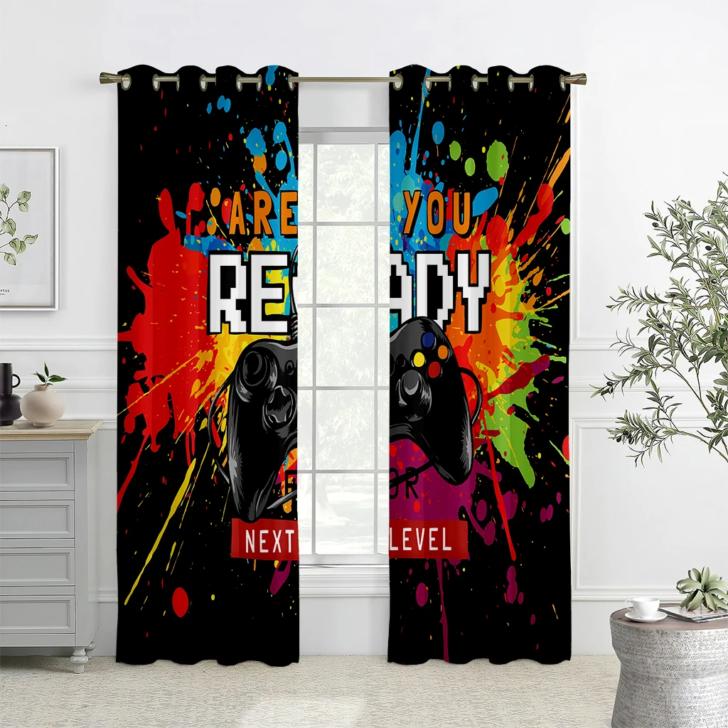 

2PCS Game Controller Pattern Printed Curtains, Translucent Decorative Curtains For E-Sports Room Bedroom And Living Room