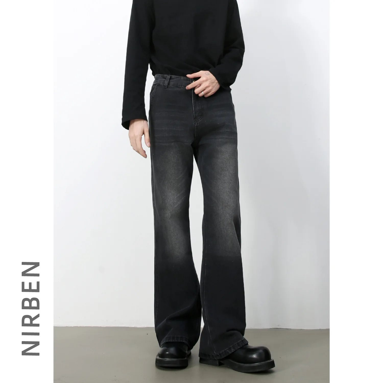 Denim American Retro Washed Micro-pull Jeans Men's High Street Loose Straight Wide-leg Trousers
