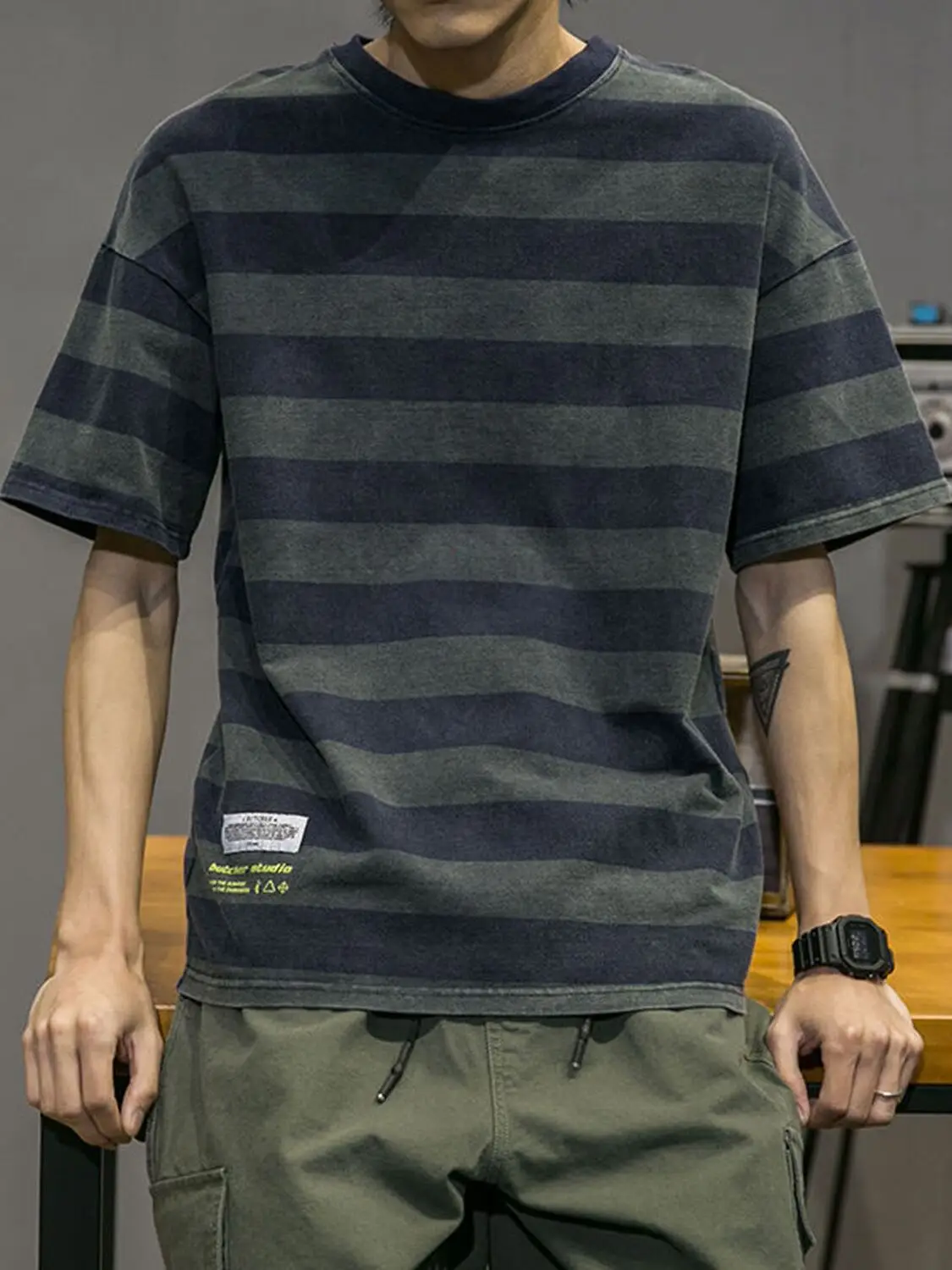 Summer Men's Loose Cotton T-Shirt Short Sleeve Retro Striped Korean Style Half Sleeve Printed Casual Breathable Fashion Top