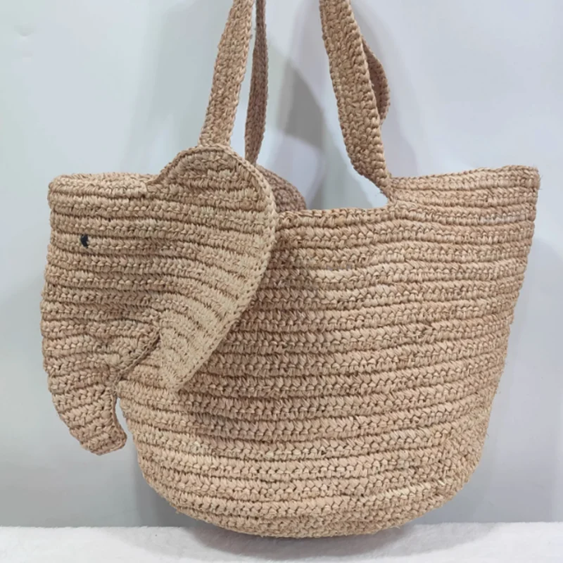 

Cute elephant shaped hand knit Lafite grass crochet woven elephant bag vacation beach women shoulder bag summer woven handbag