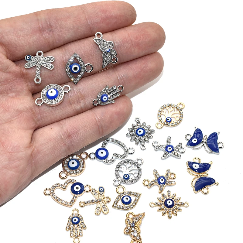 10pcs Mixed Evil Eye Enamel Charms With Rhinestones Alloy Metal Connector Pendants For DIY Bracelet Necklace Jewelry Making