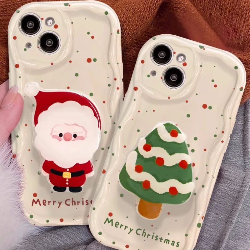 Lovely Cute Santa Christmas Tree Stand Holder Phone Case Cover For iPhone 11 Pro XR XS 8 7Plus 16 15 Pro Max 16 14 Pro 13 12Mini