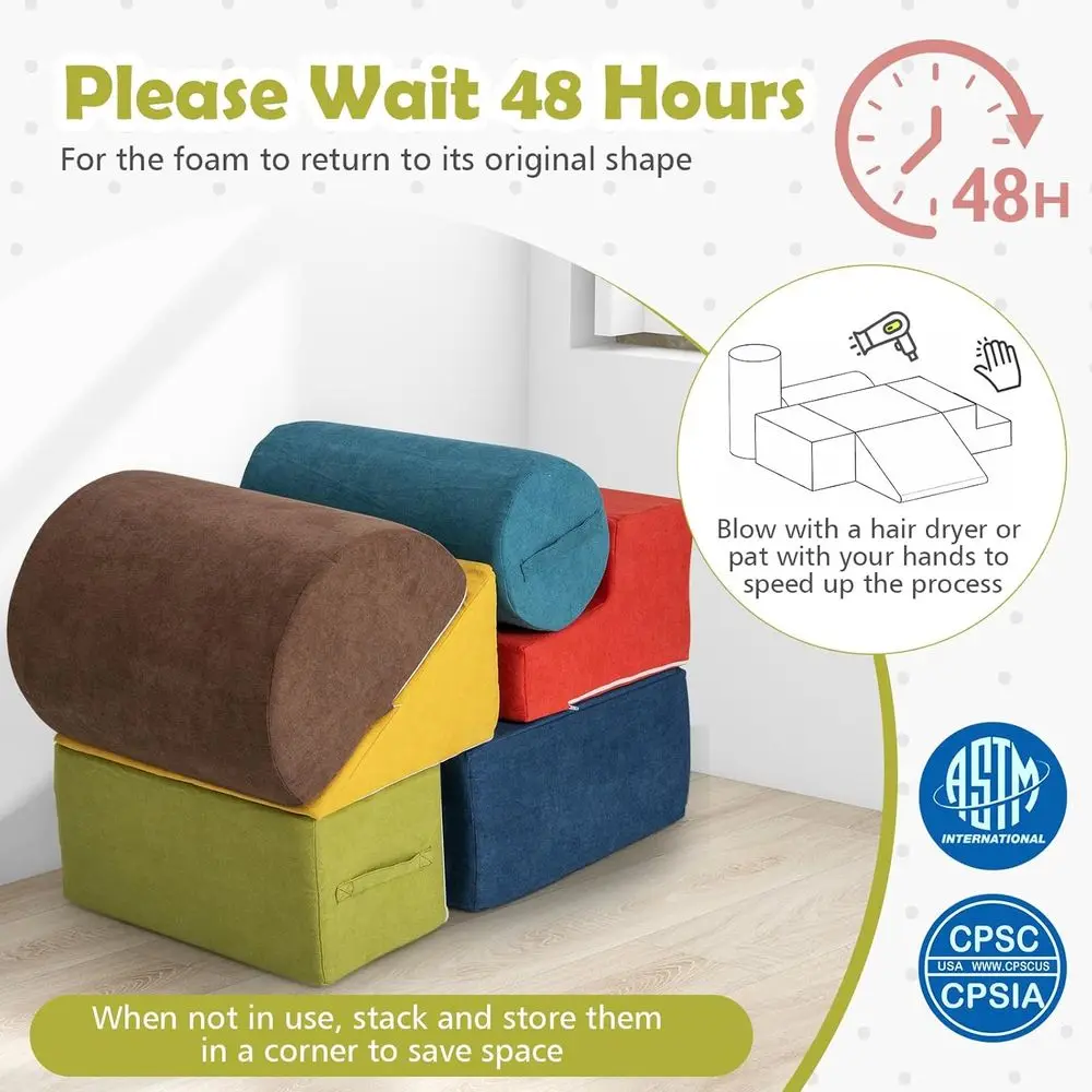 Conjunto de escalada de espuma para crianças de 6 peças com tecido de chenille macio e alças de transporte