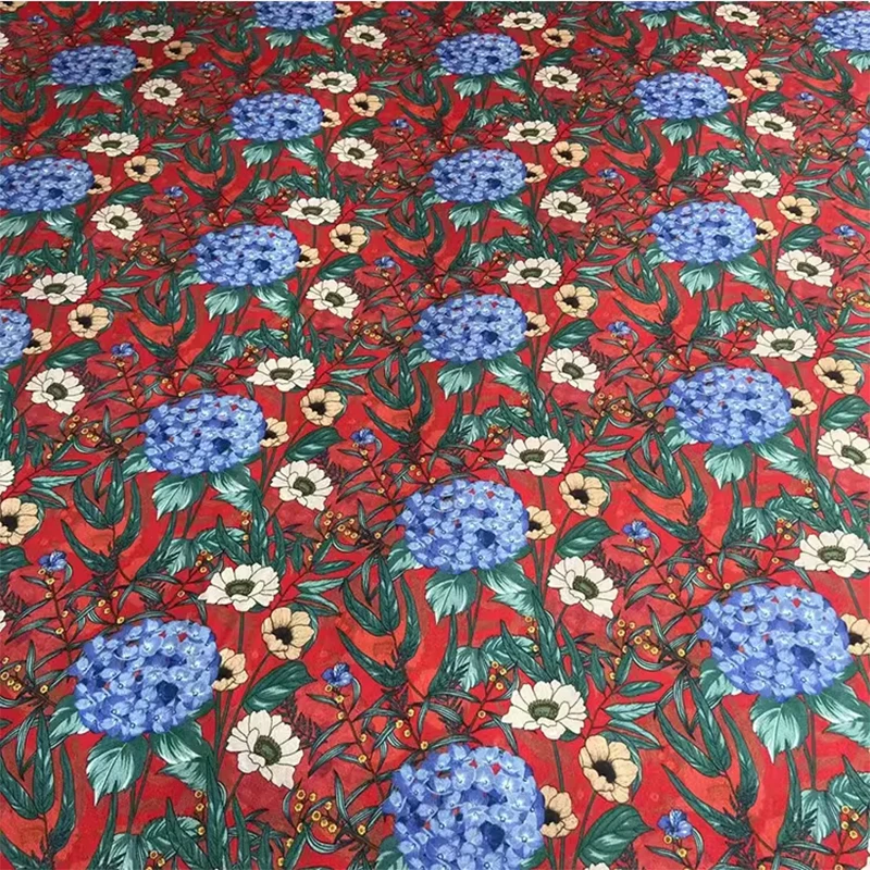 

1 meter 90% Mulberry Silk 10% Spandex 19 momme Charmeuse Silk Fabric Red Hydrangea Printed 140cm 55" wide by the yard XY019