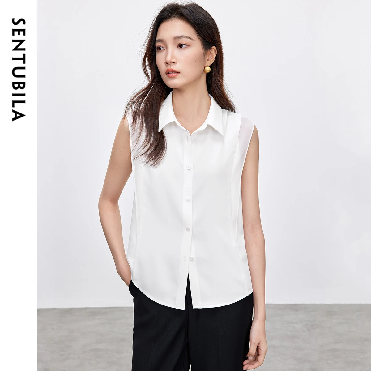 SENTUBILA Patchwork Formal Style 2025 Spring Summer Straight Sleeveless Chiffon Turn Down Collar Office Wear Blouses 152C59068