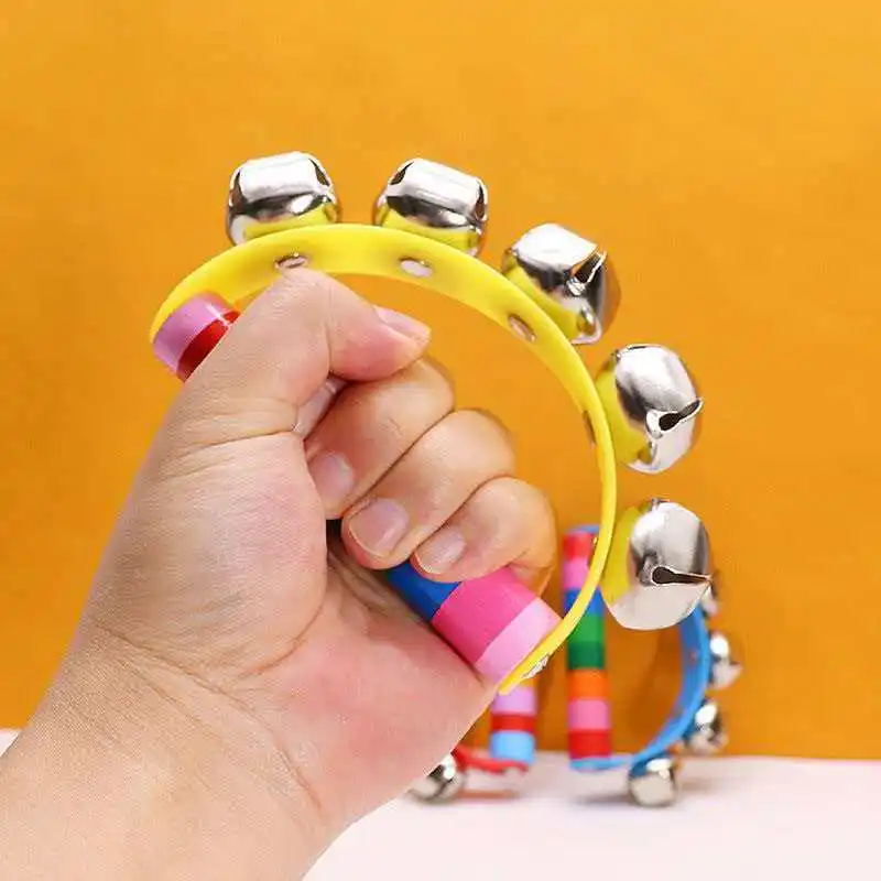 Rainbow Hand Jingle Bells Wooden Handle Percussion Instruments Musical Shaking Toys Adults Kids Boys Girls Party Favors Gifts