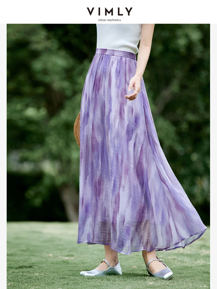 

VIMLY Romantic Purple Midi Skirt Woman 2025 Summer Lyocell Elastic Waist Flowy A Line Vacation Skirt Ladies Clothing A1823