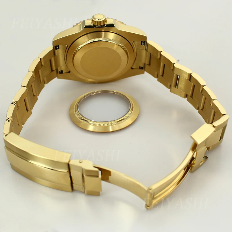 Gold 40 mm SUB Uhrengehäuse Armband unidirektionale Lünette für Seiko NH35 NH34 NH36 NH38 Miyota 8215 ETA 2824 Uhrwerk 28,5 mm Zifferblatt