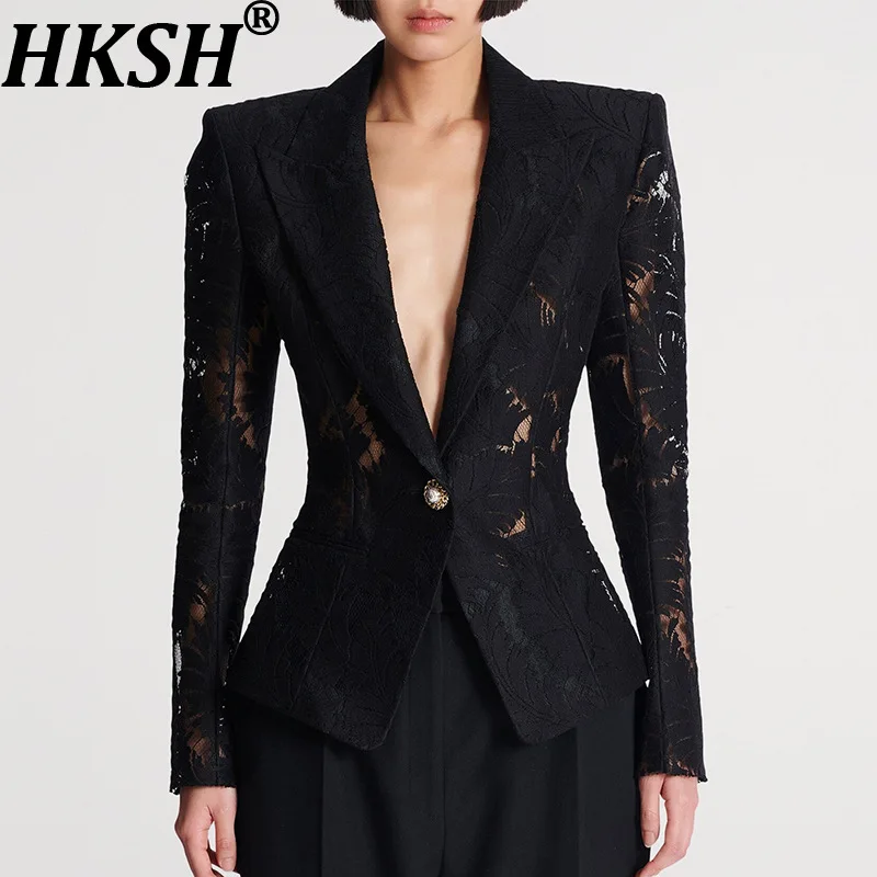 

HKSH 2026, весенний новый женский пиджак из прозрачной сетки с вышивкой на талии, облегающий элегантный сексуальный роскошный пиджак на одной пуговице HK18562