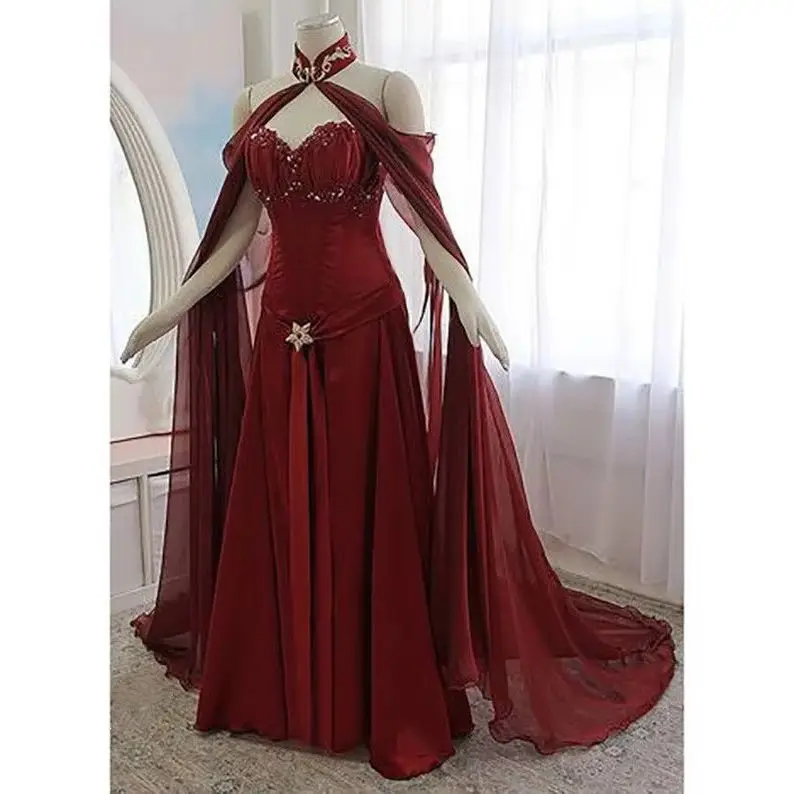 Vintage Medieval Evening Dress With Long Wrap Customized Black A Line Renaissance Victorian Gothic Prom Party Gown For Women