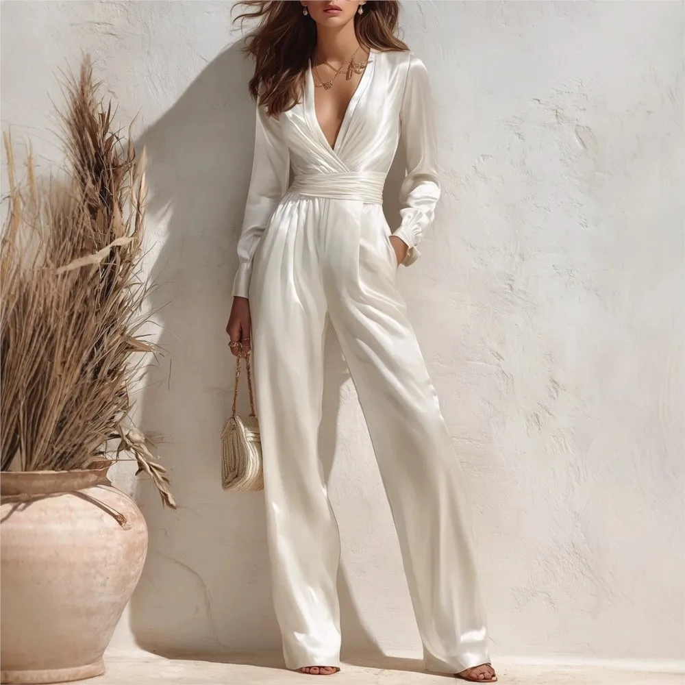 Elegant Commuting Solid Satin Jumpsuit Autumn Women's Deep V-neck Long Sleeve Slim Jumpsuits Casual Wide Leg Pant Office Rompers
