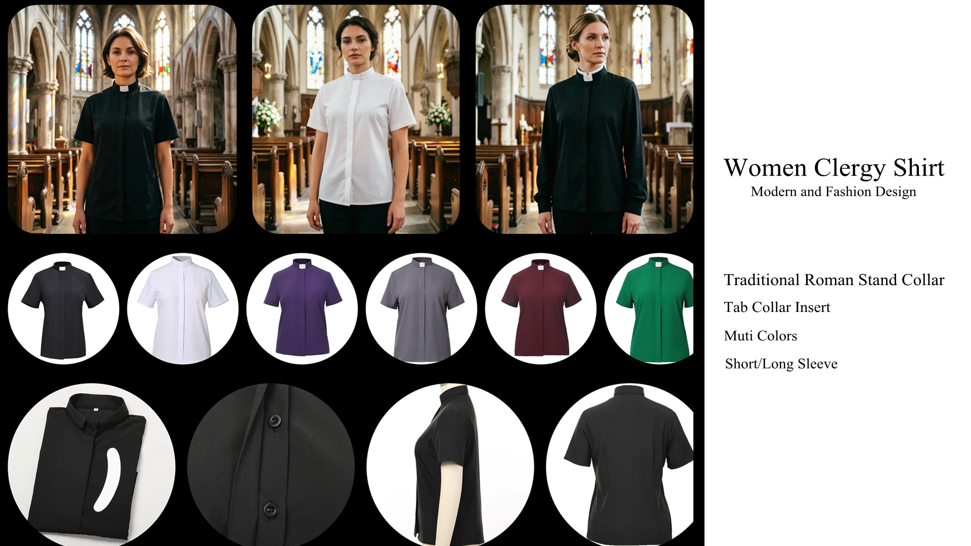 Priest Shirt Uniform for Women Clergy Tab Collar Catholic Church Pastor Blouse Costume