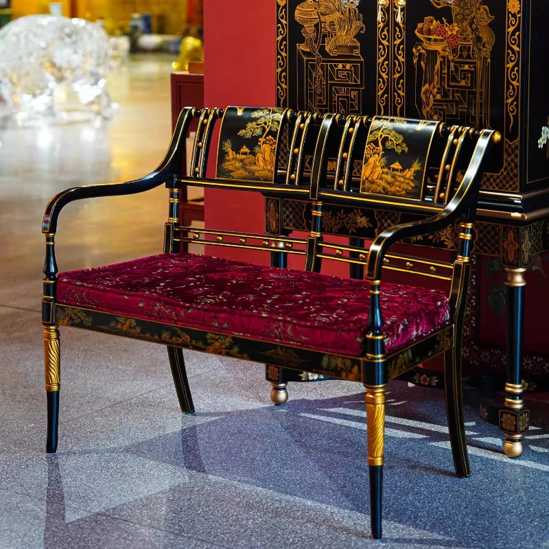 French Chinese style black background painting character landscape pattern double leisure chair