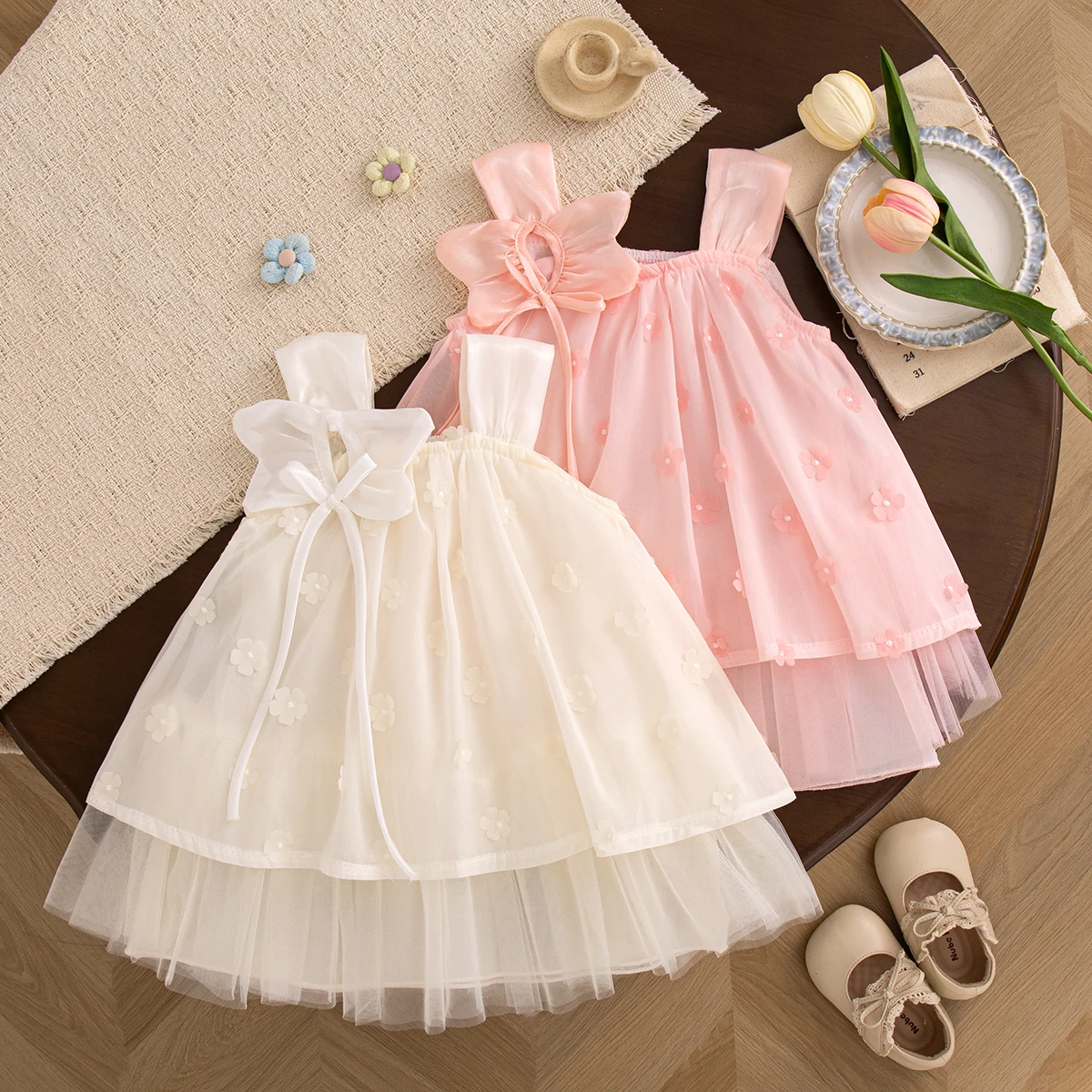 Summer Baby Girl Outfit Korean Style Sweet Pink Flowers Solid Color Toddler Princess Dress Birthday Party Children's Fairy Dress
