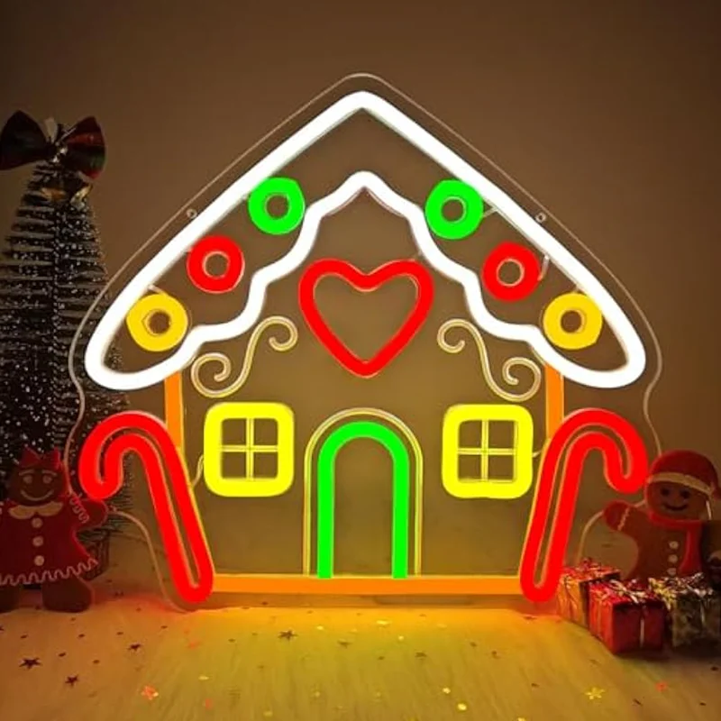 

Gingerbread Houses Neon Sign Carving Christmas Lights House Window Decorations LED Light Up Sign