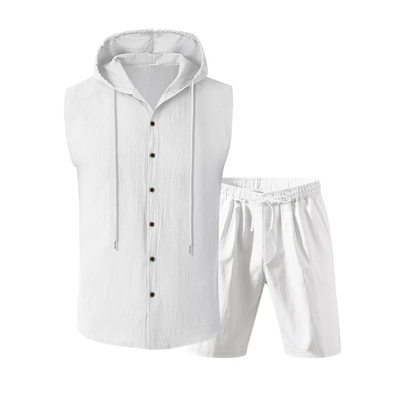 Grenzüberschreitender Leinen-Sommer-Zweiteiler für Herren, lockerer, lässiger, schlichter Kapuzenpullover, ärmelloses Hemd, Shorts-Anzug für Herren