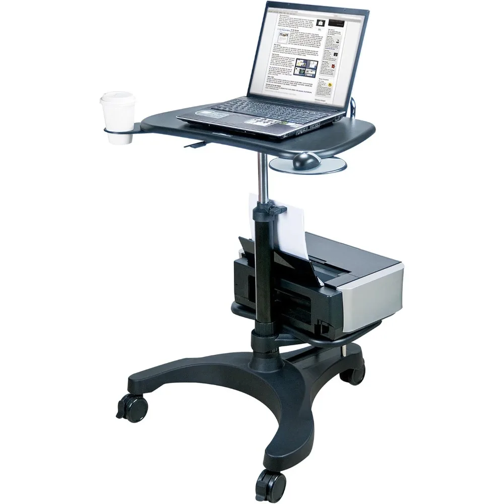 

Ergonomic Sit-Stand Mobile Laptop Cart Work Station with Printer Shelf. with Built in Cup Holder and Mouse Pad. Black (Model: L