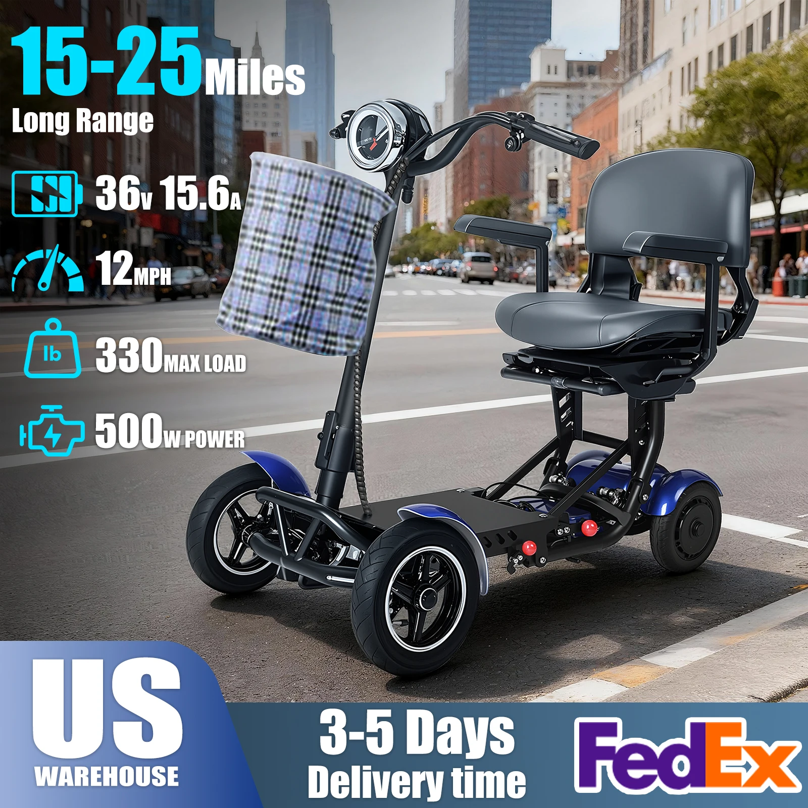 

500W Foldable Four-wheel Electric Scooter 36V 12mph Lightweight E-Scooters 2 Dual Motor 2 Seat For Elderly/Disabled