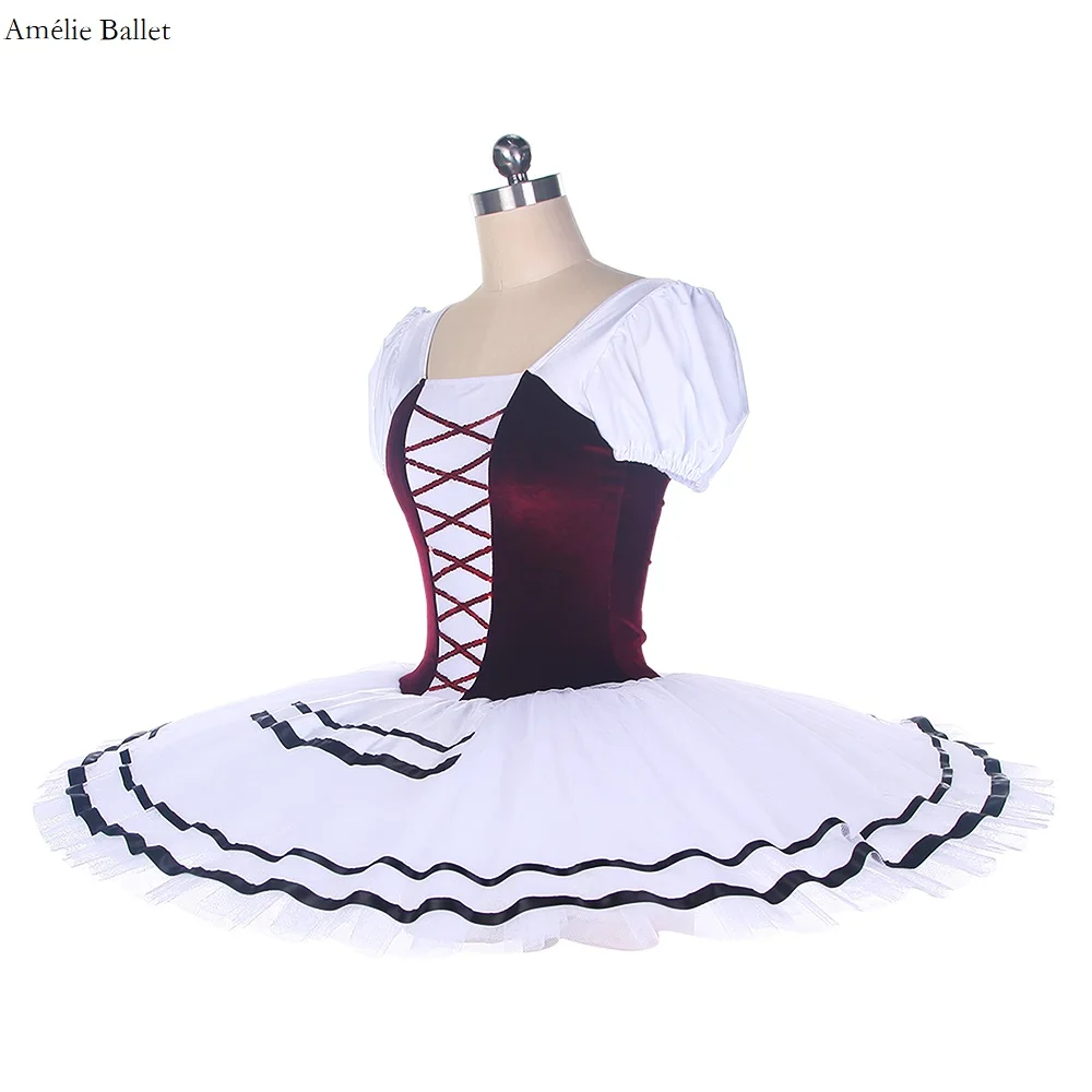 BLL488 Kapmouwtjes Bordeaux Fluwelen Top Lijfje met Witte Stijve Tule Tutu Rok Pre-Professionele Ballet Tutu Prestaties kostuum